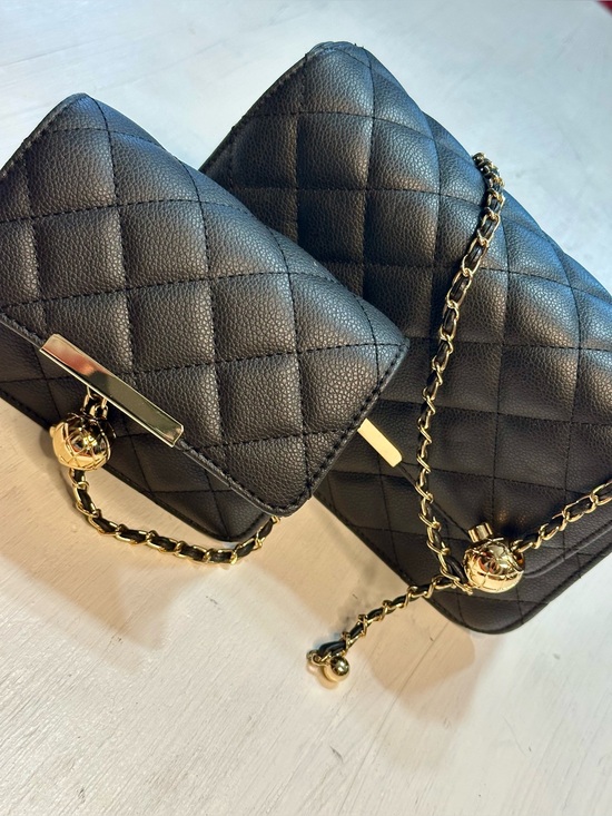 Handbags - Black Quilted Crossbody Purse Set 2 Bags Gold Chain Faux Leather Matching